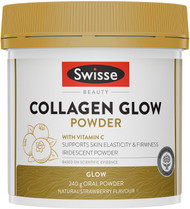 Swisse Beauty Collagen Glow Powder featuring Collagen Peptides, Vitamin C, Vitamin E, a blend of acai, goji and grape seed supports collagen production and skin integrity