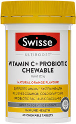 Swisse UltiBoost Vitamin C + Probiotic Chewable supports a healthy immune system and relieves common cold symptoms