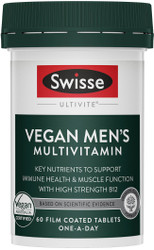 Swisse Ultivite Vegan Men's Multivitamin supports the health and wellbeing of men who follow a vegan diet with high strength Vitamin B12 to prevent dietary B12 deficiency in vegans