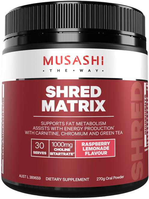Musashi Shred Matrix Raspberry Lemonade with carnitine, chromium and green tea supports fat metabolism and energy production
