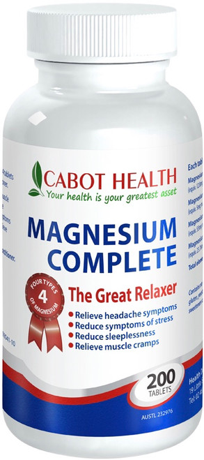Cabot Health Magnesium Complete is a combination of four magnesium compounds to supplement inadequate dietary intake