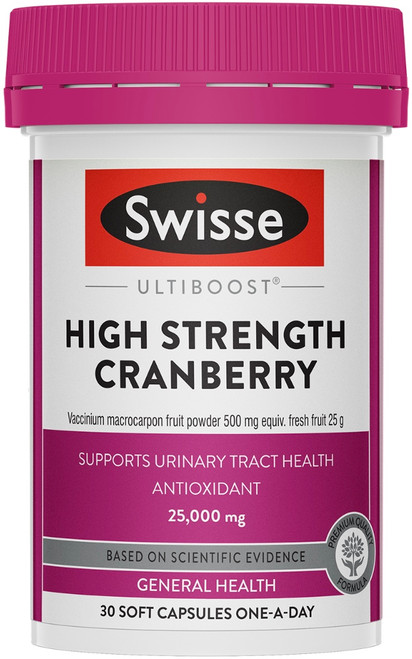 Swisse Ultiboost High Strength Cranberry 25000mg contains a premium quality cranberry extract to support urinary tract health and help prevent cystitis