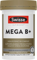 Swisse Mega B + supports the body during times of stress, assists energy release and maintains general wellbeing
