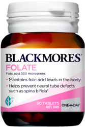 Blackmores Folate is a source of folic acid which helps prevent neural tube defects such as spina bifida and anencephaly