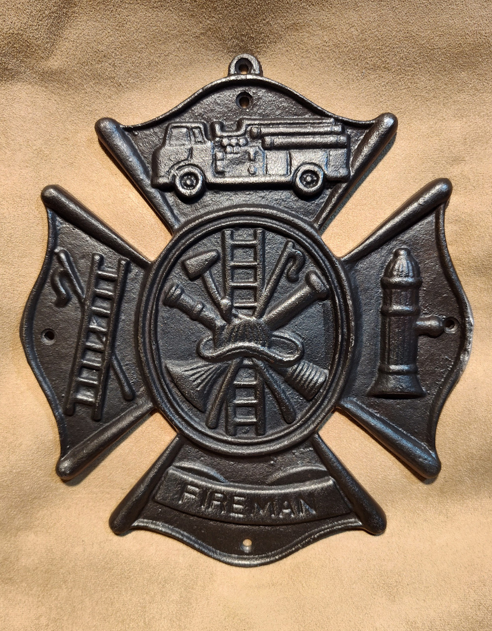 Fireman plaque ~ cast iron wall decor ~ St. Florian's Maltese cross