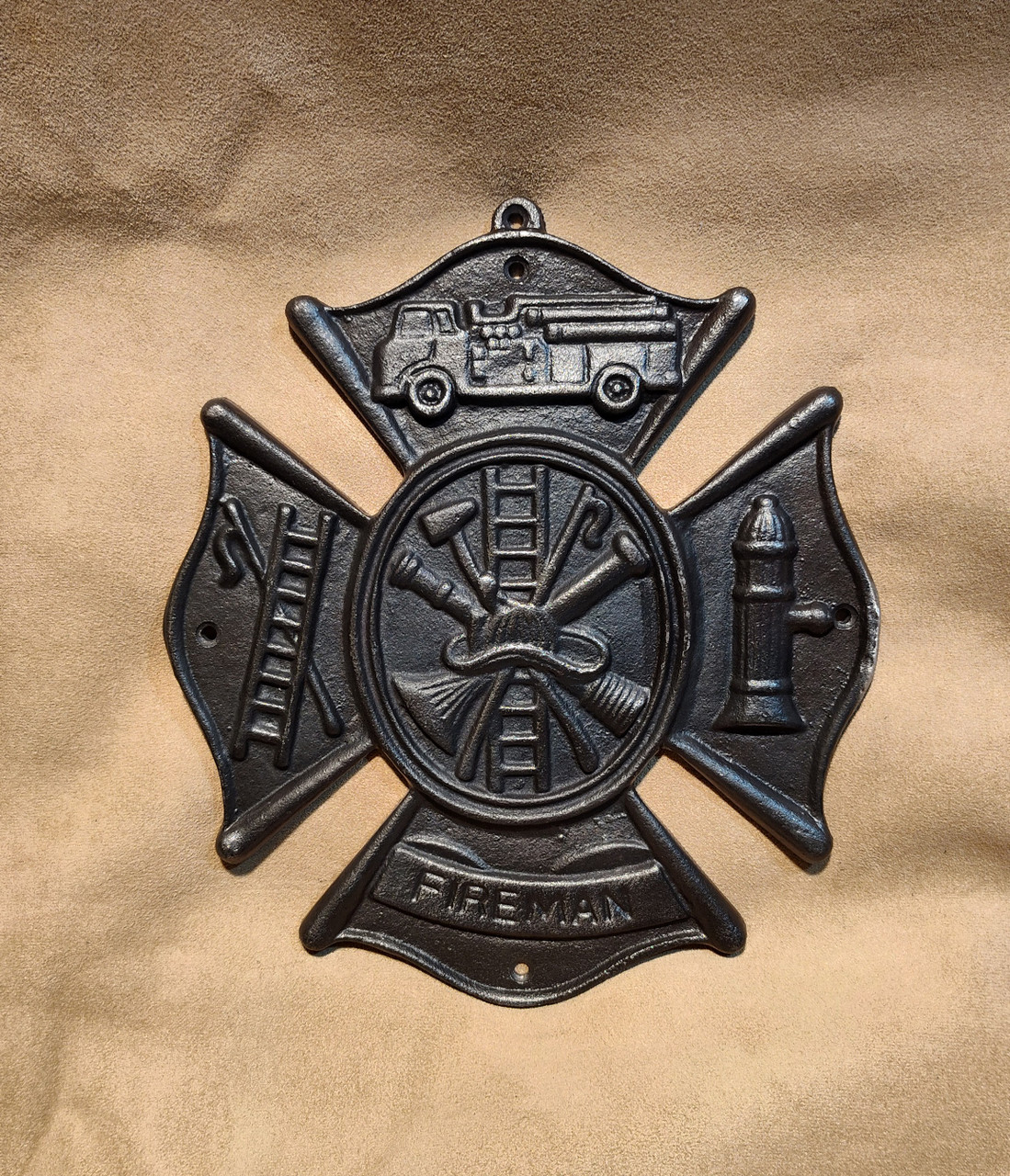 Fireman plaque ~ cast iron wall decor ~ St. Florian's Maltese cross