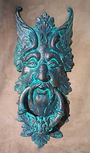 Gargoyle door knocker in light verdigris cast iron ~ green man design