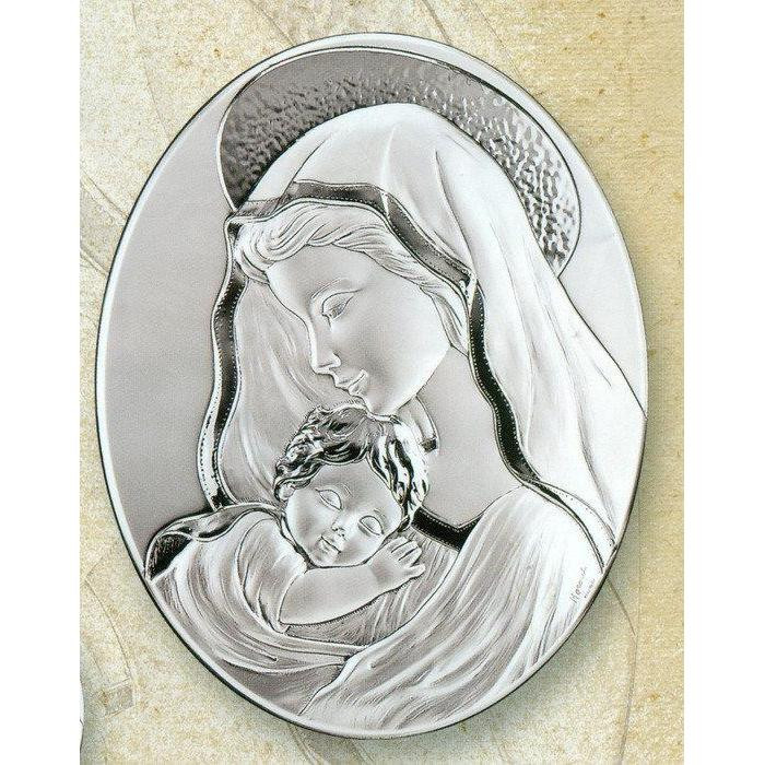 Sterling Silver 8″ Oval “Holy Mother & Child” Wall Plaque