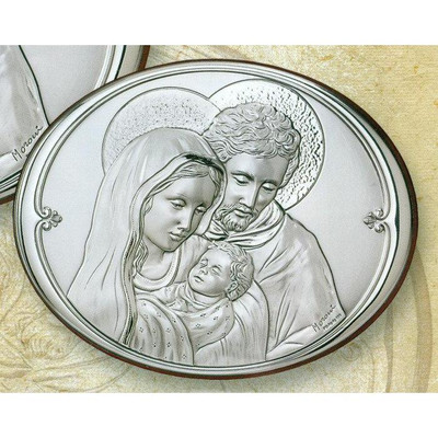 Holy Family (oval) Sterling Silver on Wood   