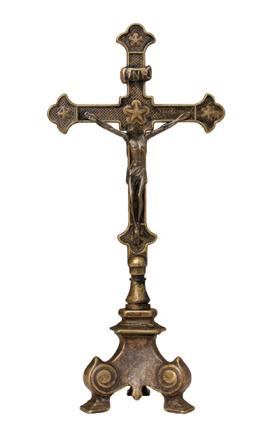Standing Double Sided Crucifix - antique brass - Made in Italy