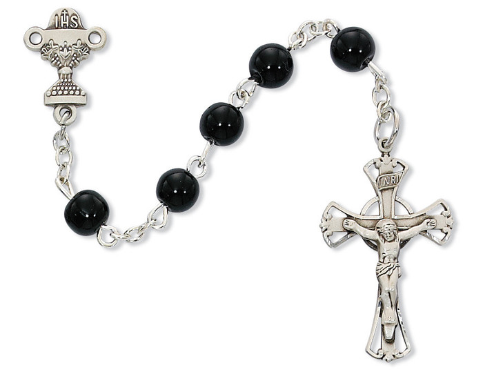 First Communion Black Glass Rosary