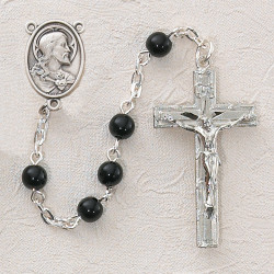BLACK GLASS RHODIUM SACRED HEART ROSARY