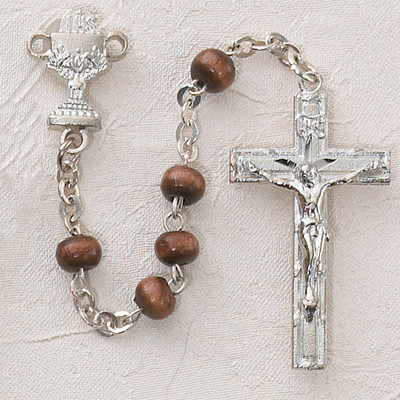 ROSARY BROWN WOOD RHODIUM CHALICE