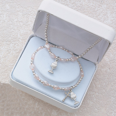 PINK PEARL HEART RHODIUM CHALICE STRETCH BRACELET & PENDANT SET