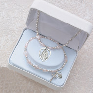 PINK PEARL HEART RHODIUM MIRACULOUS STRETCH BRACELET & PENDANT SET