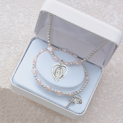 PINK PEARL HEART RHODIUM MIRACULOUS STRETCH BRACELET & PENDANT SET