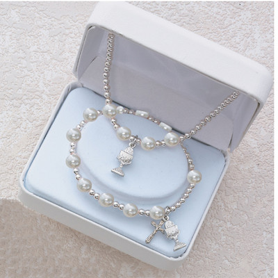 WHITE PEARL HEART RHODIUM CHALICE STRETCH BRACELET & PENDANT SET