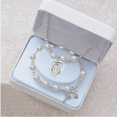 WHITE PEARL HEART RHODIUM MIRACULOUS STRETCH BRACELET & PENDANT SET