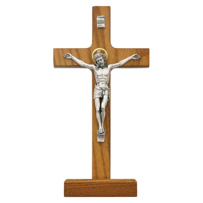 8" Stained Wood Standing Crucifix