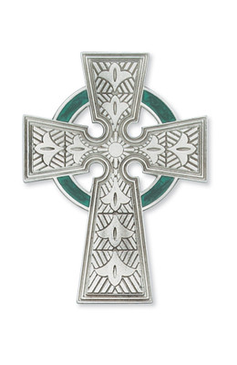 4-3/4" PEWTER CELTIC CROSS WITH GREEN ENAMEL 79-12