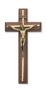 10" WALNUT WOOD CRUCIFIX WITH HAMMERED BRASS OVERLAY & SILVER CORPUS 79-15