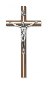 10" BEVELED WALNUT WOOD INLAY CRUCIFIX WITH SILVER CORPUS