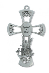 6" PEWTER GUARDIAN ANGEL WALL CROSS "BAPTIZED IN CHRIST" 73-14