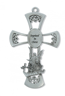 6" PEWTER GUARDIAN ANGEL WALL CROSS "BAPTIZED IN CHRIST" 73-14