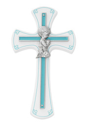 7" White Wood Baby Boy Wall Cross