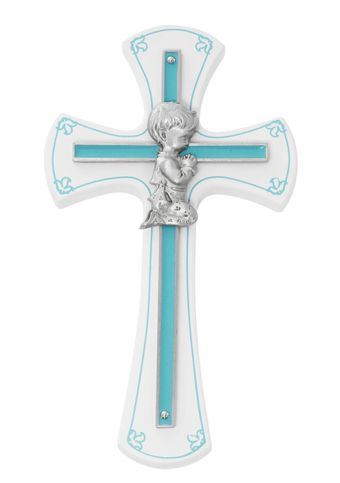 7" White Wood Baby Boy Wall Cross