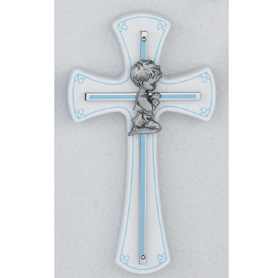 7" BLUE BOY WALL CROSS ON WHITE WOOD 73-10