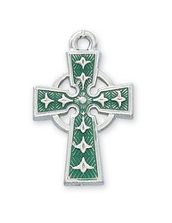 RHODIUM CELTIC CROSS WITH GREEN ENAMEL RC8083E