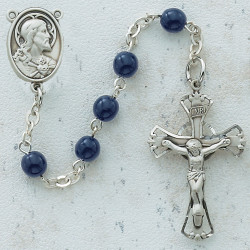 BLUE GLASS RHODIUM SACRED HEART ROSARY