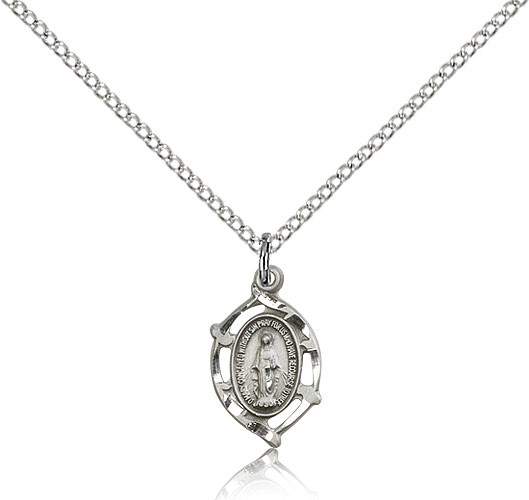 Sterling Silver Miraculous Medal with Ornate Border on 18 Inch Chain