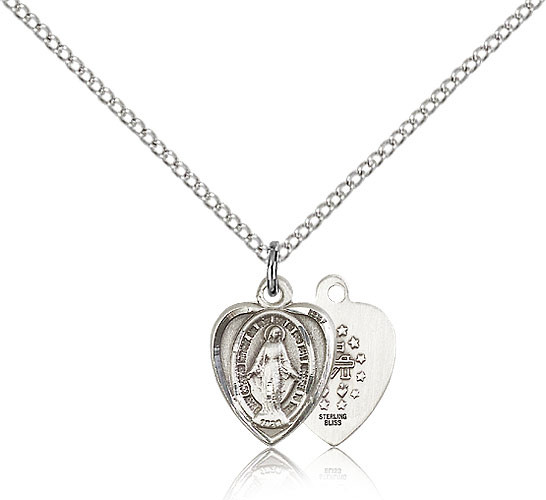 Sterling Silver Heart Shaped Miraculous Medal Pendant on 18 Inch Chain