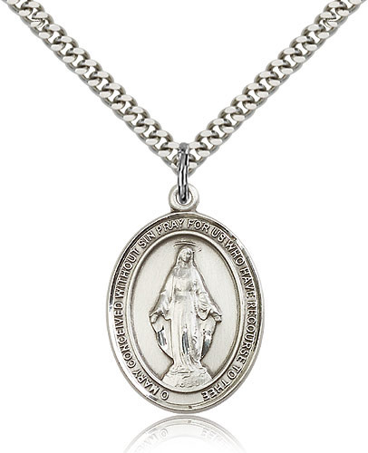 Sterling Silver Miraculous Medal Pendant with 24″ Chain