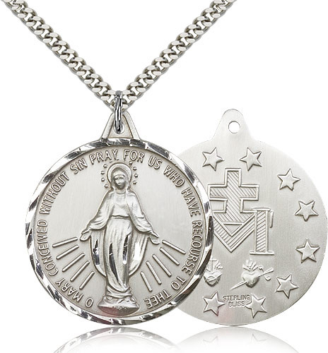 Sterling Silver Round Miraculous Medal Pendant with 24″ Chain