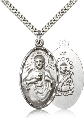 Sterling Silver Scapular Sacred Heart Medal Pendant with 24″ Chain