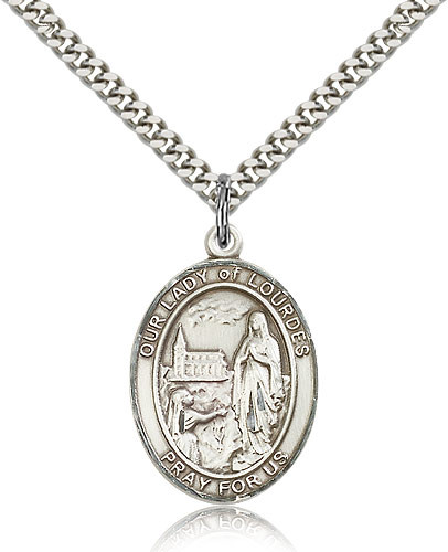 Sterling Silver Our Lady of Lourdes Medal with 24" Chain