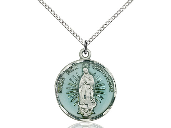 Sterling Silver Our Lady of Guadalupe Blue Enamel Medal