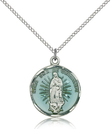 Sterling Silver Our Lady of Guadalupe Blue Enamel Medal