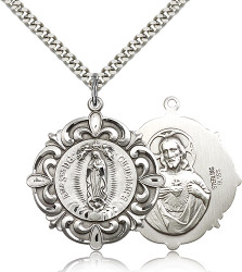 Sterling Silver Our Lady of Guadalupe Ornate Pendant with 24" Chain