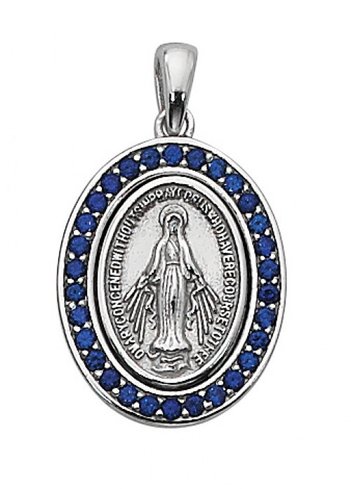 BLUE STONE STERLING SILVER MIRACULOUS MEDAL