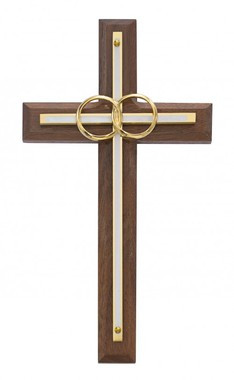 WEDDING CROSS WALNUT STAINED WITH WHITE ENAMEL CROSS 6-1/2" 71-12