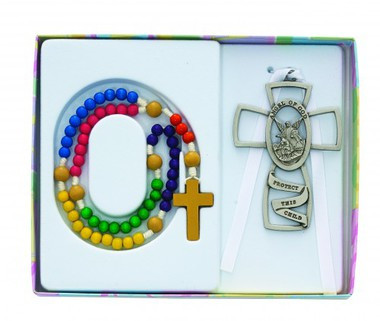 CHILDREN'S GUARDIAN ANGEL WALL CROSS & ROSARY SET BS46