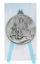 CHILDREN'S GUARDIAN ANGEL CRIB MEDAL WITH BLUE RIBBON