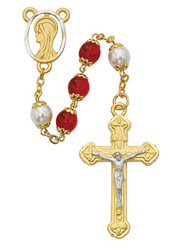RED & PEARL CAPPED ROSARY WITH GOLD PLATING 8MM 452HF