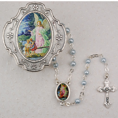 GUARDIAN ANGEL KEEPSAKE BOXED BABY BLUE PEARL ROSARY 3MM 760-90