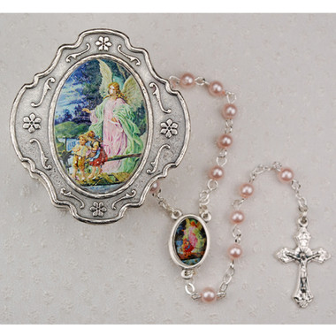 GUARDIAN ANGEL KEEPSAKE BOXED BABY PINK PEARL ROSARY 3MM 760-91