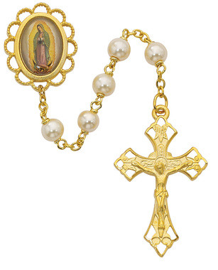 GUADALUPE GLASS PEARL ROSARY WITH GOLD PLATING 7MM 854HF